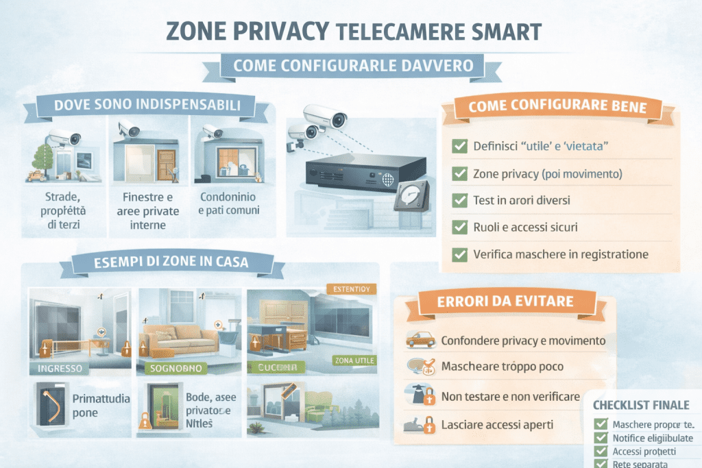 Infografica che spiega come configurare correttamente le zone privacy nelle telecamere smart: aree da oscurare come strade, finestre e spazi comuni, passaggi di configurazione, esempi stanza per stanza, errori da evitare e checklist finale per una videosorveglianza domestica rispettosa della privacy.