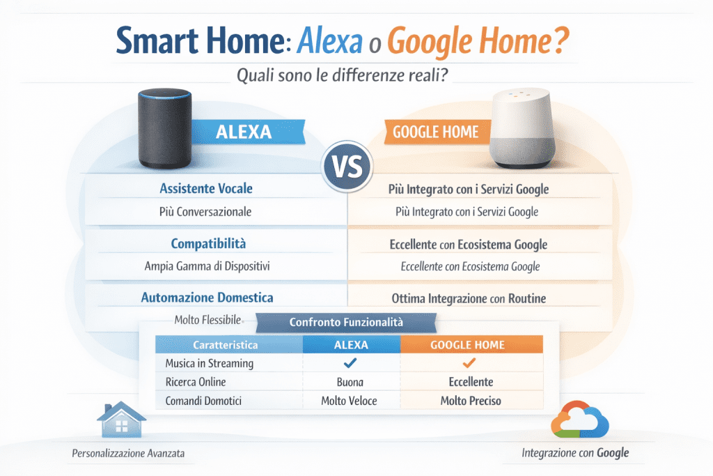Infografica premium che confronta Alexa e Google Home nella smart home, con grafica chiara a colori chiari, confronto visivo su automazioni, integrazione, rete, privacy e utilizzo quotidiano.