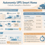 Alt text: Infografica in italiano “Autonomia UPS Smart Home – Calcolo Semplice e Realistico” con layout chiaro e colori chiari: a sinistra il metodo in 6 passi (lista carichi critici, misura consumi, somma e margine 10–20%, stima energia utile 60–70%, doppia stima, test breve); a destra tabella con scenari (core minimo, core rete completo, domotica locale, sicurezza PoE) con carico tipico in Watt e autonomia spesso reale; in basso sezione “Errori da evitare” e box finale che ricorda che il test breve è il giudice più onesto.