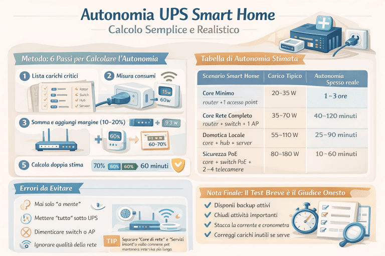 Alt text: Infografica in italiano “Autonomia UPS Smart Home – Calcolo Semplice e Realistico” con layout chiaro e colori chiari: a sinistra il metodo in 6 passi (lista carichi critici, misura consumi, somma e margine 10–20%, stima energia utile 60–70%, doppia stima, test breve); a destra tabella con scenari (core minimo, core rete completo, domotica locale, sicurezza PoE) con carico tipico in Watt e autonomia spesso reale; in basso sezione “Errori da evitare” e box finale che ricorda che il test breve è il giudice più onesto.