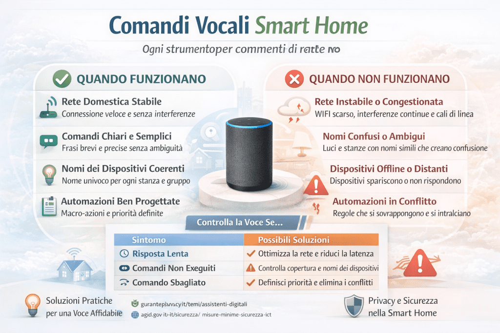 Infografica sui comandi vocali nella smart home che mostra quando funzionano e quando non funzionano, con confronto visivo tra rete stabile e rete instabile, nomi dei dispositivi, automazioni corrette o in conflitto, e soluzioni pratiche per rendere i comandi vocali più affidabili.