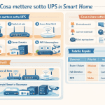 Alt text: Infografica in italiano “Cosa mettere sotto UPS in Smart Home” con icone di router/modem, switch di rete, access point Wi-Fi, hub domotico, server domotico e NVR videosorveglianza; sezione “Cosa evitare sotto UPS” (elettrodomestici, TV/console, luci non essenziali, robot aspirapolvere, frigorifero/freezer); schema a due livelli (Core di rete e Servizi smart e sicurezza) e tabella rapida con priorità e motivi.