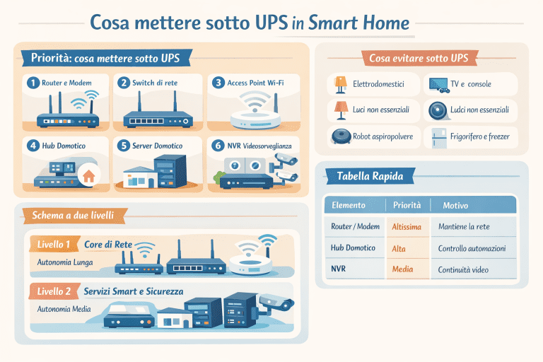 Alt text: Infografica in italiano “Cosa mettere sotto UPS in Smart Home” con icone di router/modem, switch di rete, access point Wi-Fi, hub domotico, server domotico e NVR videosorveglianza; sezione “Cosa evitare sotto UPS” (elettrodomestici, TV/console, luci non essenziali, robot aspirapolvere, frigorifero/freezer); schema a due livelli (Core di rete e Servizi smart e sicurezza) e tabella rapida con priorità e motivi.