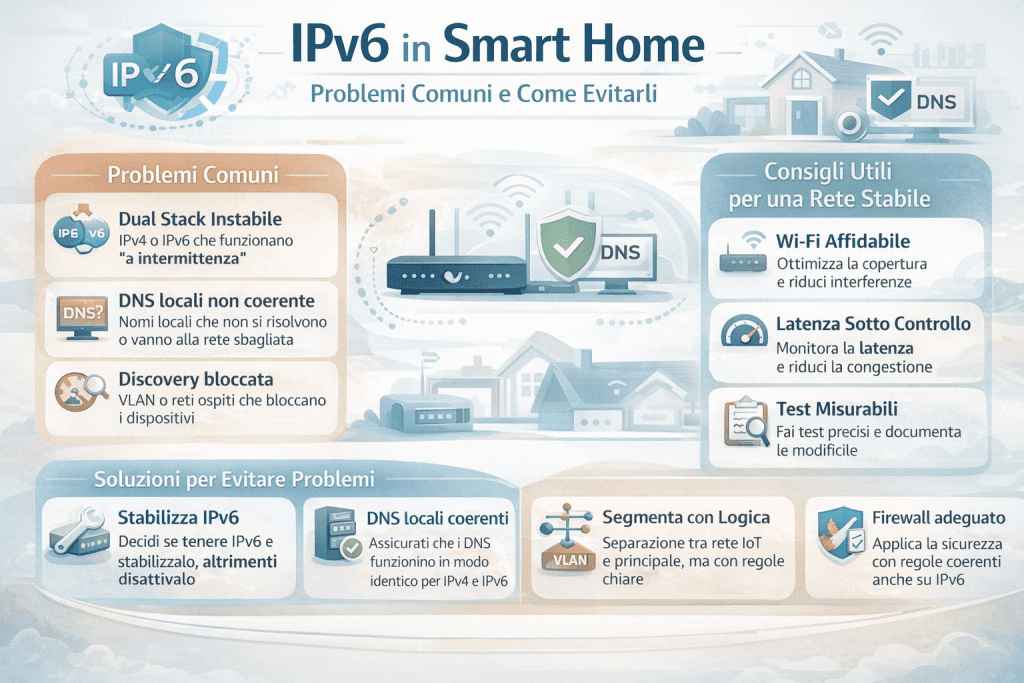 Infografica su IPv6 in smart home che mostra i problemi comuni come dual stack instabile, DNS non coerente e discovery bloccata, con soluzioni pratiche per evitare errori e rendere la rete domestica stabile.