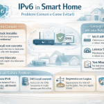 Infografica su IPv6 in smart home che mostra i problemi comuni come dual stack instabile, DNS non coerente e discovery bloccata, con soluzioni pratiche per evitare errori e rendere la rete domestica stabile.