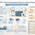 Infografica premium su NTP e sincronizzazione dell’orario in smart home che mostra perché le automazioni sbagliano, con errori comuni (timezone, NTP bloccato, internet instabile), conseguenze pratiche, diagnostica di base e checklist finale per allineare correttamente orari, rete e dispositivi.