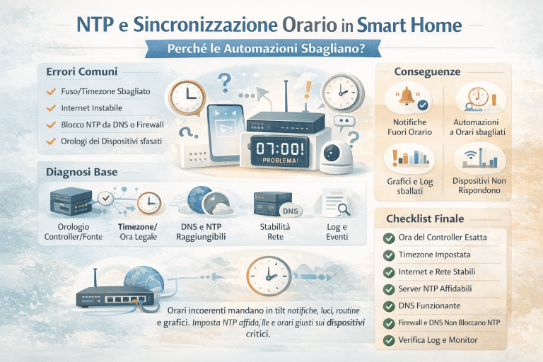Infografica premium su NTP e sincronizzazione dell’orario in smart home che mostra perché le automazioni sbagliano, con errori comuni (timezone, NTP bloccato, internet instabile), conseguenze pratiche, diagnostica di base e checklist finale per allineare correttamente orari, rete e dispositivi.