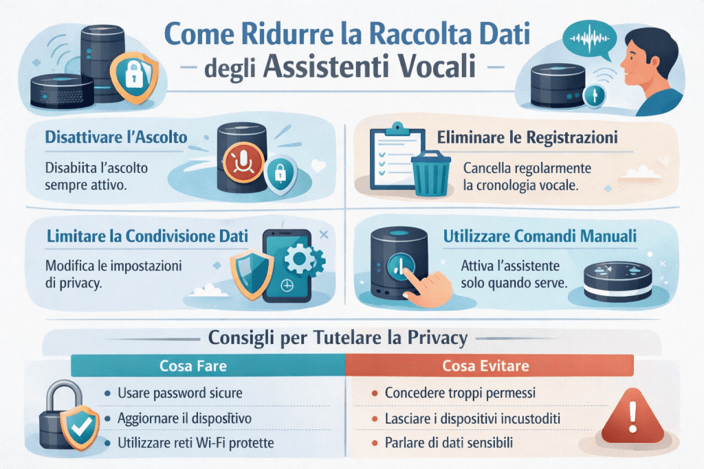 Infografica premium su privacy e assistenti vocali che spiega come ridurre davvero la raccolta dei dati: disattivare cronologia e microfono quando non serve, cancellare registrazioni, limitare permessi, usare reti sicure e mantenere aggiornati i dispositivi.
