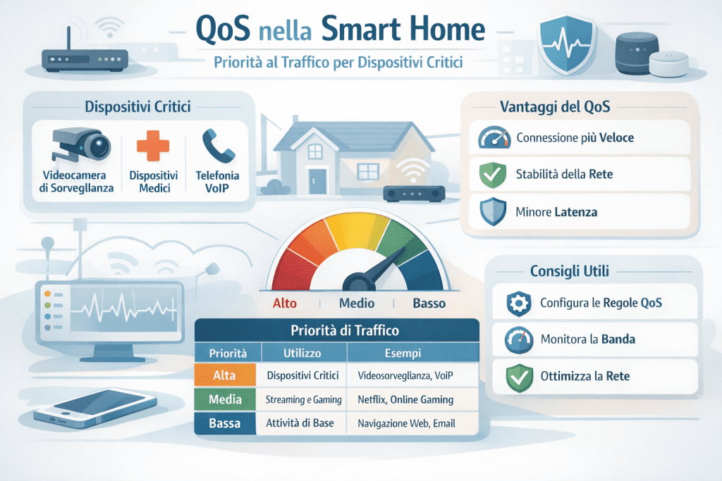 Infografica sulla QoS nella smart home che mostra come assegnare priorità al traffico di rete per dispositivi critici come videocamere, assistenti vocali e automazioni, riducendo latenza e migliorando la stabilità della rete domestica.