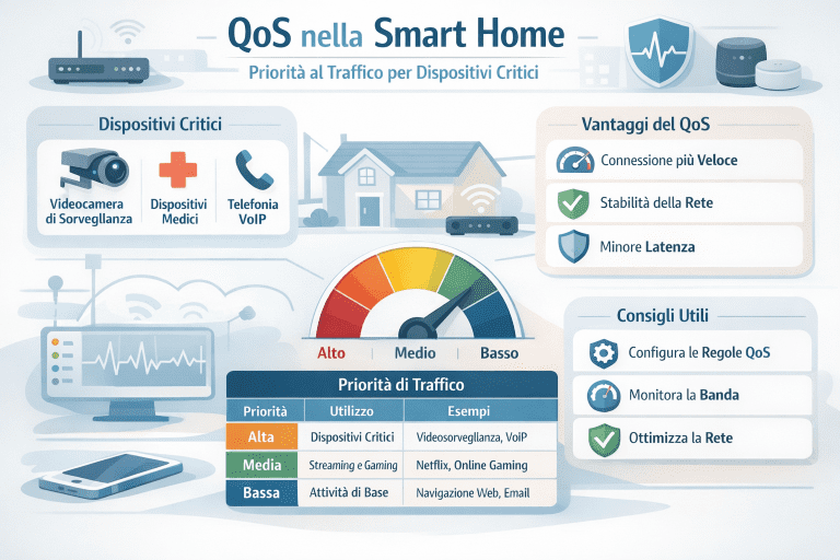 Infografica sulla QoS nella smart home che mostra come assegnare priorità al traffico di rete per dispositivi critici come videocamere, assistenti vocali e automazioni, riducendo latenza e migliorando la stabilità della rete domestica.