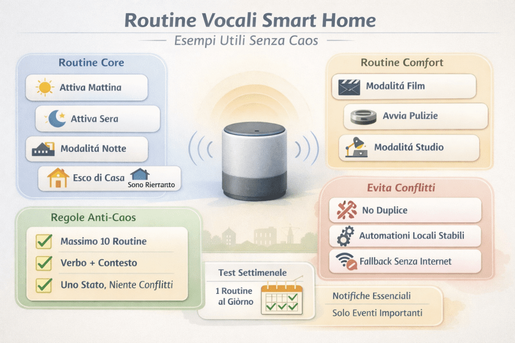 Infografica premium “Routine Vocali Smart Home: esempi utili senza caos” con altoparlante al centro e quattro aree: routine core (Attiva mattina, Attiva sera, Modalità notte, Esco di casa/Sono rientrato), routine comfort (Modalità film, Avvia pulizie, Modalità studio), regole anti-caos (massimo 10 routine, Verbo + Contesto, Uno stato niente conflitti) e consigli per evitare conflitti (no duplicate, automazioni locali stabili, fallback senza internet), più nota su notifiche essenziali e test settimanale.