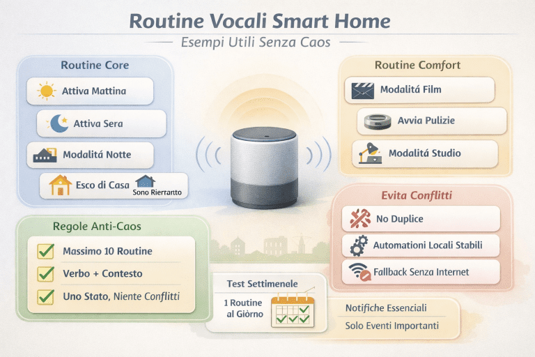 Infografica premium “Routine Vocali Smart Home: esempi utili senza caos” con altoparlante al centro e quattro aree: routine core (Attiva mattina, Attiva sera, Modalità notte, Esco di casa/Sono rientrato), routine comfort (Modalità film, Avvia pulizie, Modalità studio), regole anti-caos (massimo 10 routine, Verbo + Contesto, Uno stato niente conflitti) e consigli per evitare conflitti (no duplicate, automazioni locali stabili, fallback senza internet), più nota su notifiche essenziali e test settimanale.