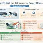 Infografica premium su switch PoE per telecamere e smart home che spiega quando conviene usarli, con schema di alimentazione e dati su unico cavo Ethernet, vantaggi principali, limiti, casi d’uso e confronto pro e contro in italiano.