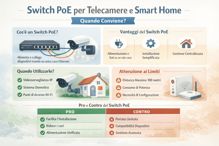 Infografica premium su switch PoE per telecamere e smart home che spiega quando conviene usarli, con schema di alimentazione e dati su unico cavo Ethernet, vantaggi principali, limiti, casi d’uso e confronto pro e contro in italiano.